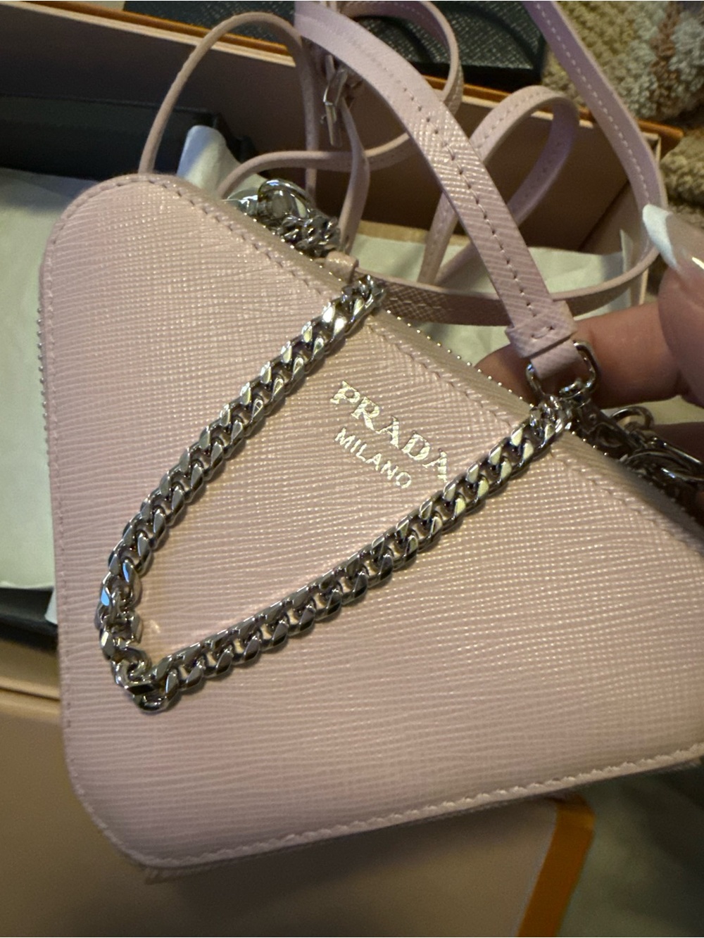 Prada Milano Pink Saffiano Leather Triangle Bag with Chain